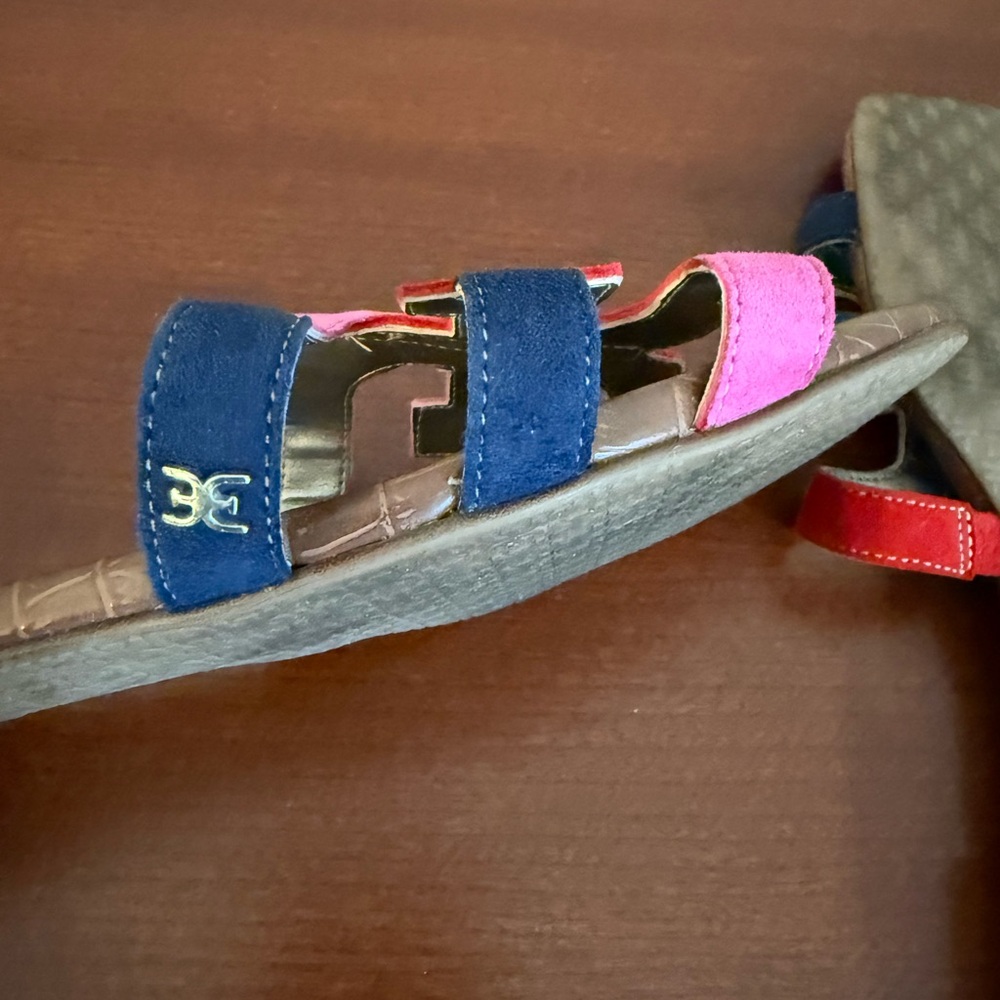 Sam Edelman Multicolor Suede Slide Sandals - Pink, Red, Navy on Brown Footbed - Picture 4 of 4